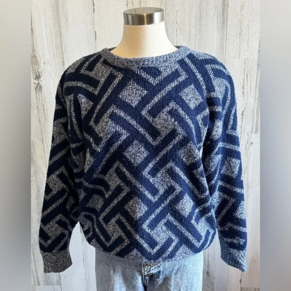 Vintage 90s Geometric Jacquard Knit Sweater‎ Navy Light Blue Retro